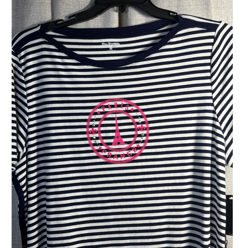 Kim Rogers Curvy Paris France Striped Button Side Top Navy Pink 2X NWT